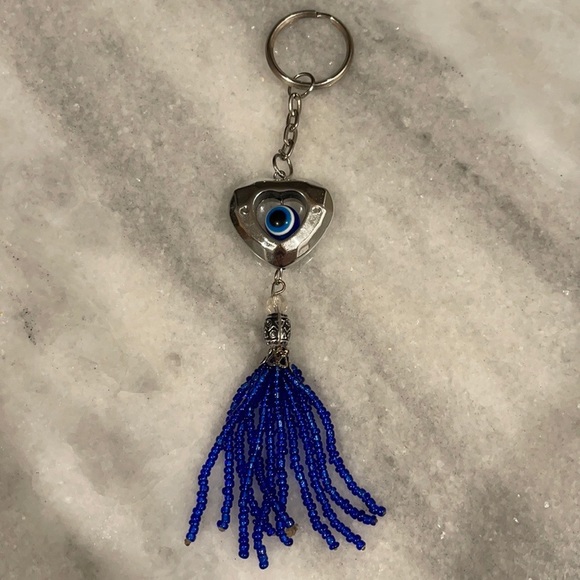 Blue Heart Evil Eye 🧿 Silver Dangling Beaded Keychain - Picture 3 of 4